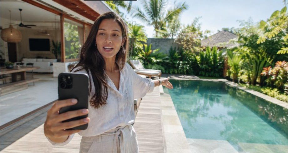 A Mata Property advisor filming a live video tour of a villa for a client abroad