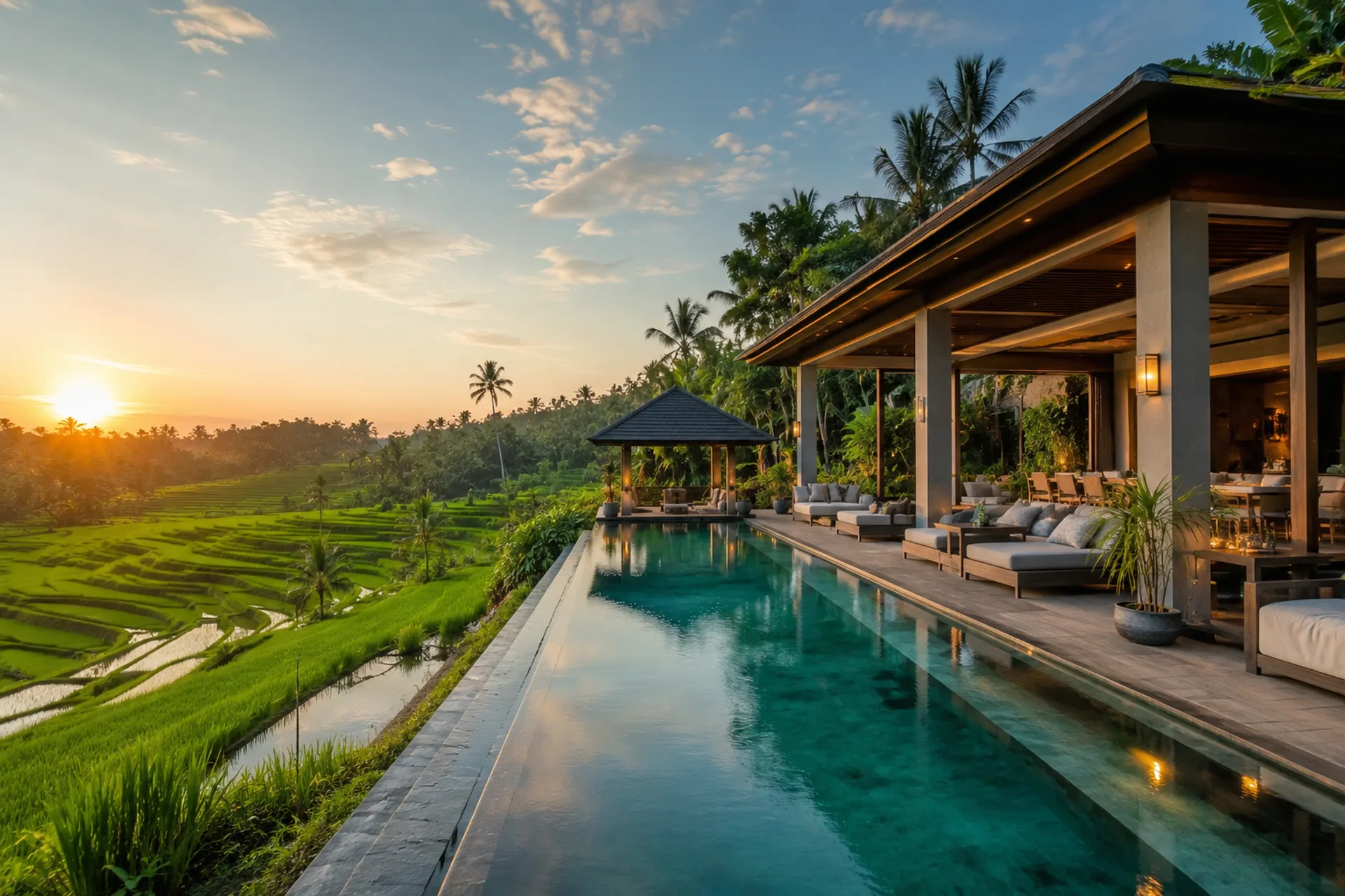 Contemporary villa in Bali, infinity pool and rice terraces at sunset
