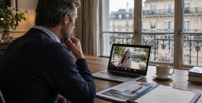 A client at home in Paris on a video call with his Mata Property advisor, property documents on the desk