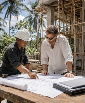 An architect and a site manager reviewing plans on a villa construction site in Bali